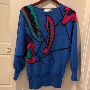 L’ultima Blue Colorful Abstract Sweater 80’s Retro with sequins& Rabbit hair M